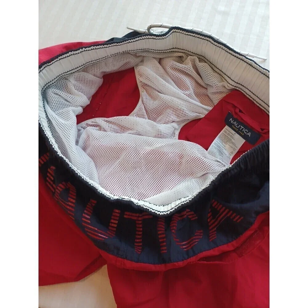 Nautica swim trunks shorts mens M red navy spellout mesh briefs pockets beach